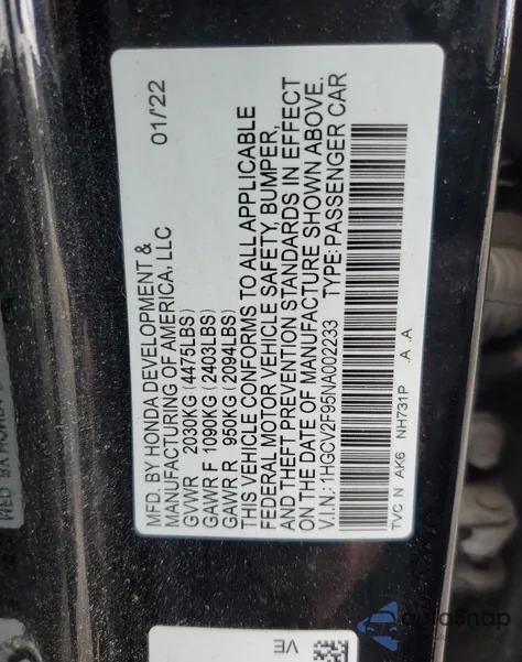 2022 Honda Accord Touring from USA, damaged, VIN 1HGCV2F95NA002233